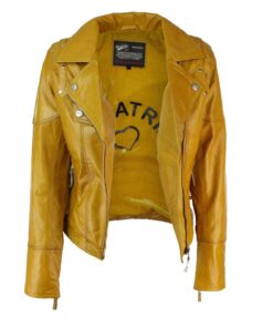 Studded Yellow Leather Jacket For Women Unzipped
