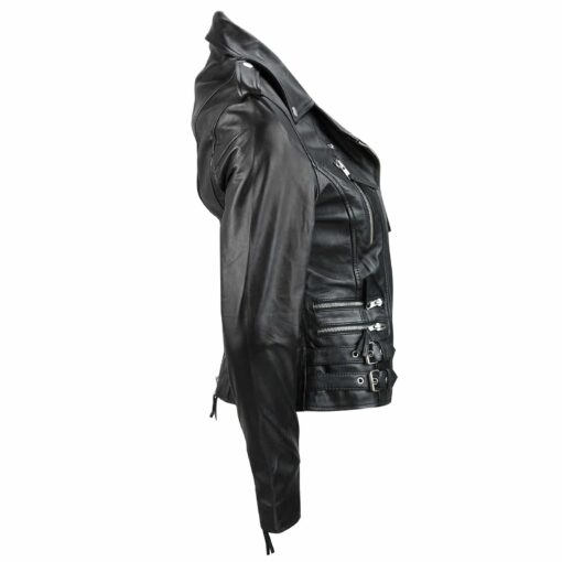 Zip Buckle Biker Leather Jacket For Women Side Black